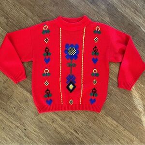 Vintage Red Sweater with Floral Cross Stitch Embroidery, Sz S